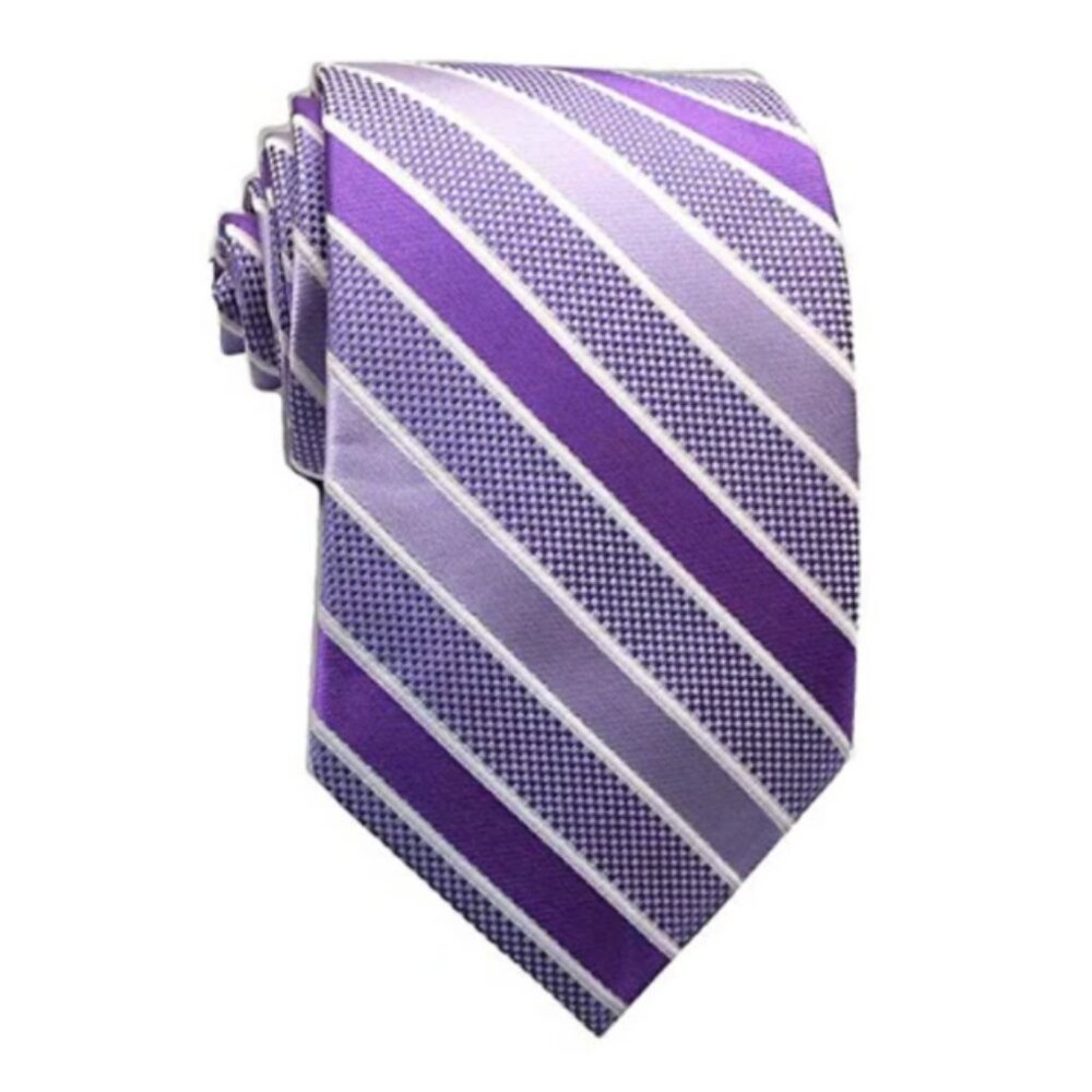 New Men 100% Silk Striped Tie Purple Lavender & White Versatile Classic Jacquard - Picture 2 of 8